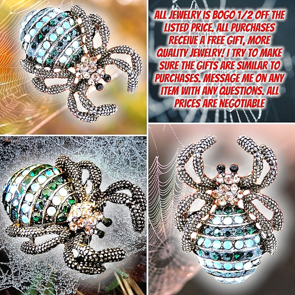 Silver plated blue and pink crystal spider brooch
